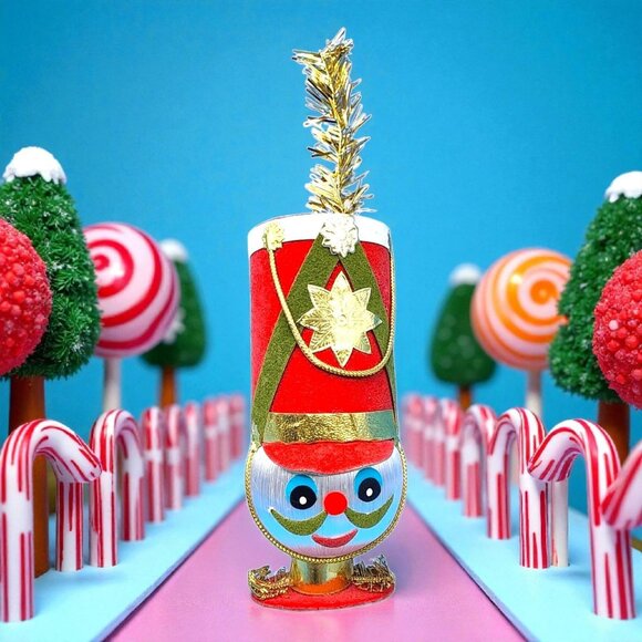 Vintage 1960s Toy Soldier Ornament Japan Red Flocked Hat White Satin Ball Head - Picture 1 of 9